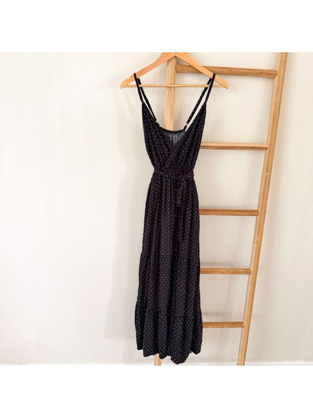 Black White Polka Dot Midi Dress Tie Waist Sleeveless Boho Size Small